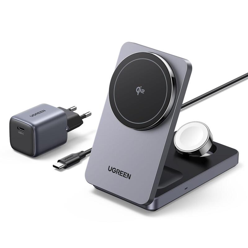 Ugreen W707 3-In-1 15w Magnetic Wireless Desktop Charger Fuer Iphone, Airpods Und Watch Klappbar Grau