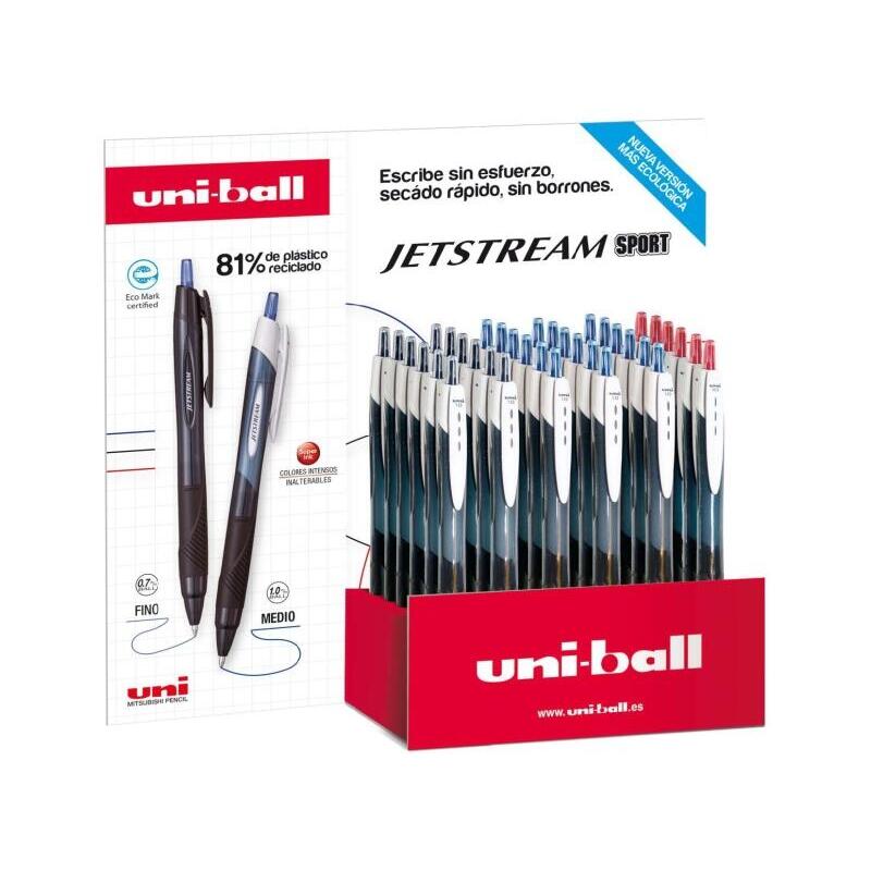 Uni-Ball Jetstream Sport Sxn-150e Expositor Con 36 Boligrafos De Tinta Pigmentada - Punta De Bola 1mm - Retractil -