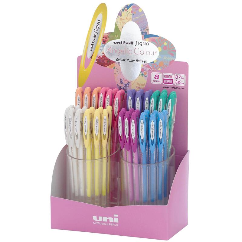 Uniball Expositor Rollerball Signo Angelic Colour Um-120ac/4d Colores Pastel Azul-Rojo-Verde-Rosa-Naranja-Violeta-Amarillo-Blanco -48u-