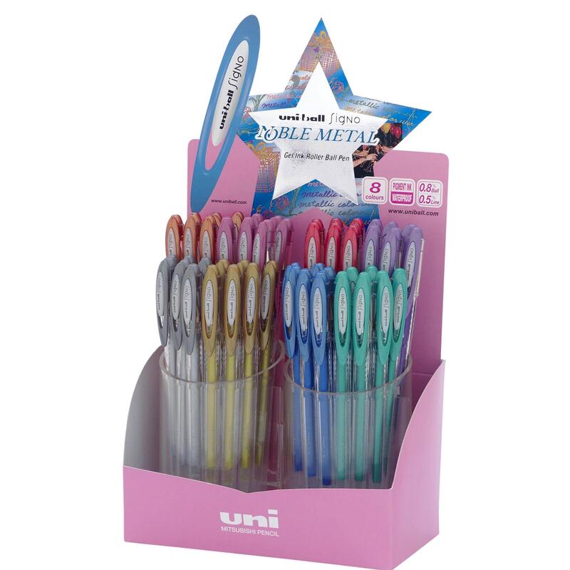 Uniball Expositor Rollerball Signo Noble Metal Um-120nm/4d Azul-Rojo-Verde-Rosa-Violeta-Plata-Oro-Bronce -48u-