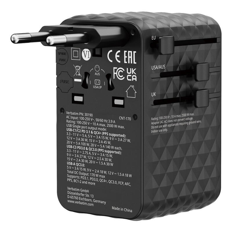 Verbatim Charge 'N' Travel 170w Universal Travel Adapter Black