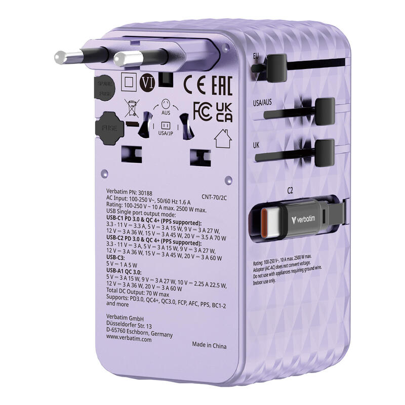 Verbatim Charge 'N' Travel 70w 2c Retractable Universal Travel Adapter Purple