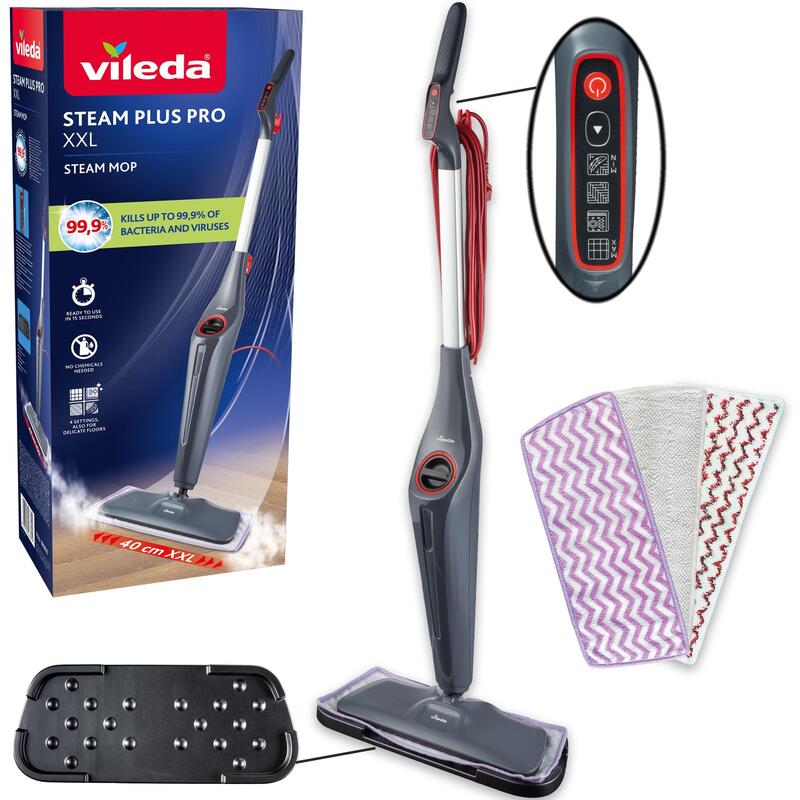 Vileda Steam Plus Pro Xxl Limpiador A Vapor Elimina Hasta El 99,9% De Las Bacterias Y Virus Para Suelos Sensibles 4 Niveles De Vapor Soporte De Almacenamiento Envase Ecológico