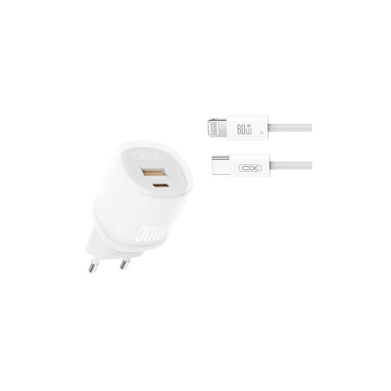 Xo L151 Cargador De Corriente 30w - Usb-A Y Usb-C - Gan - Incluye Cable Usb-C A Lightning - Blanco