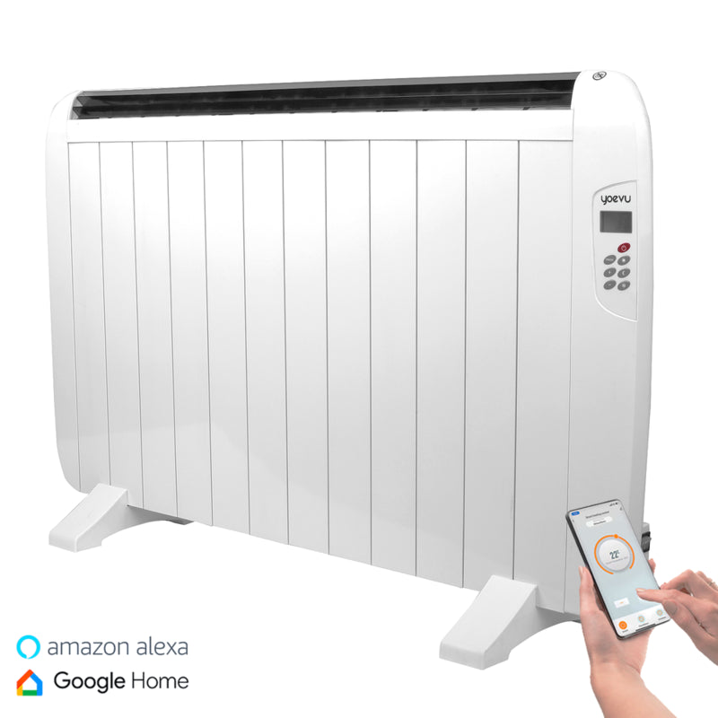 Yoevu Radiador Eléctrico Bajo Consumo. 12 Elementos 1800 W De Pared O Pie 3 Modos Temporizador Mando A Distancia Pantalla Led Blanco