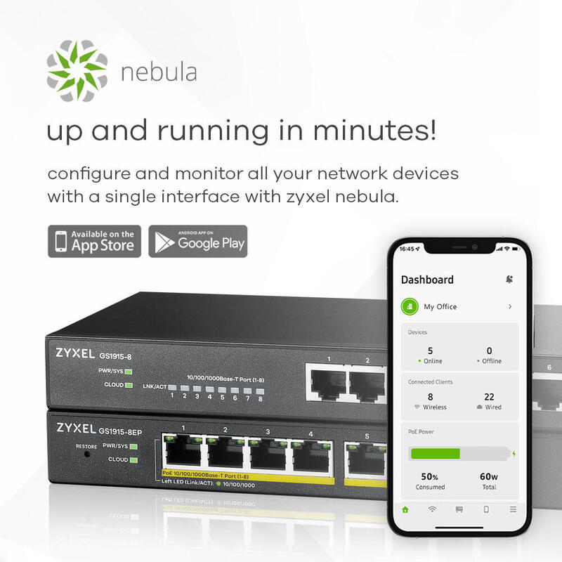 Zyxel Gs1915-8ep 8-Port Gbe Poe+ 60 Watt 802.3at Smart Switch Nebulaflex