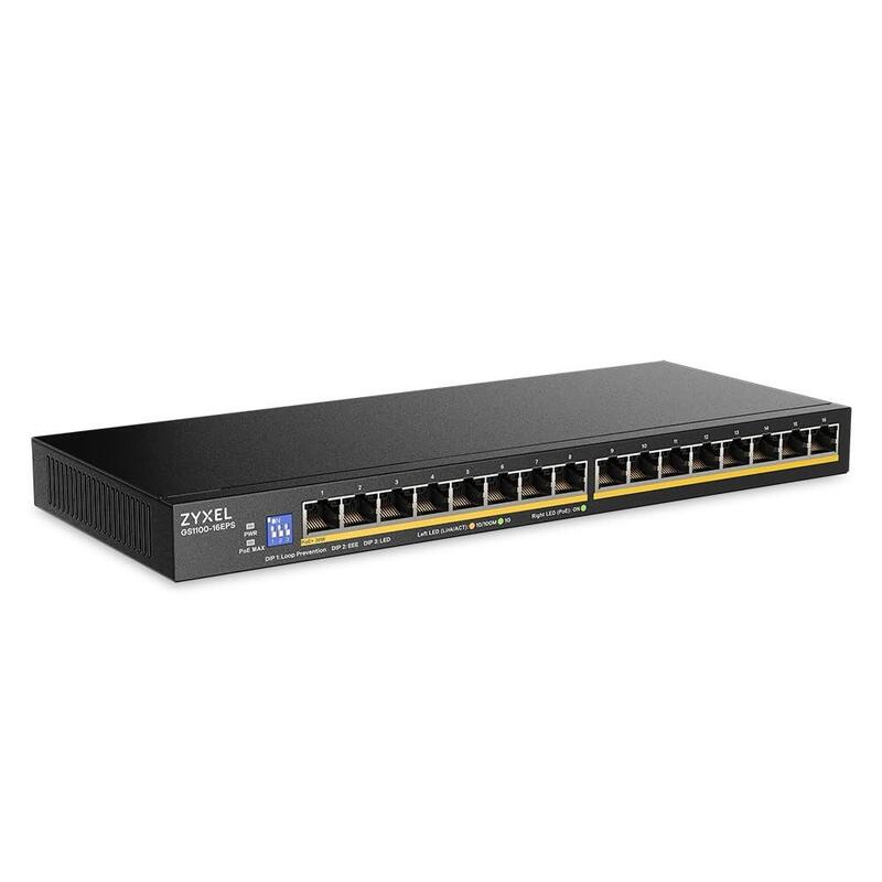 Zyxel Switch Poe 16 Puertos Conmutador Ethernet Gigabit No Gestionado 16x Gbe Poe+ Con Presupuesto De 135 W Diseño Fino Dip Conmutable Sin Ventilador Montaje En Pared Gs1100-16eps