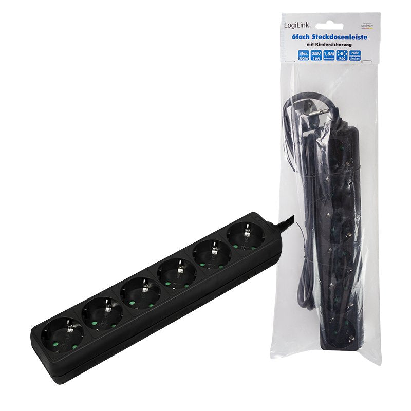 Logilink Regleta De 6 Enchufes Con Bloqueo Para Niños, Negro