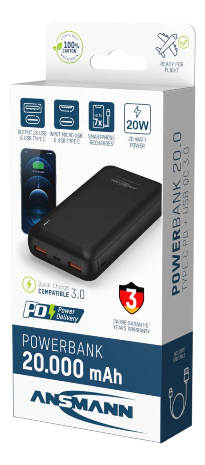 Bateria  Ansmann Powerbank 20000 Mah 20w 2 Usb-A Ports, Usb-C Port
