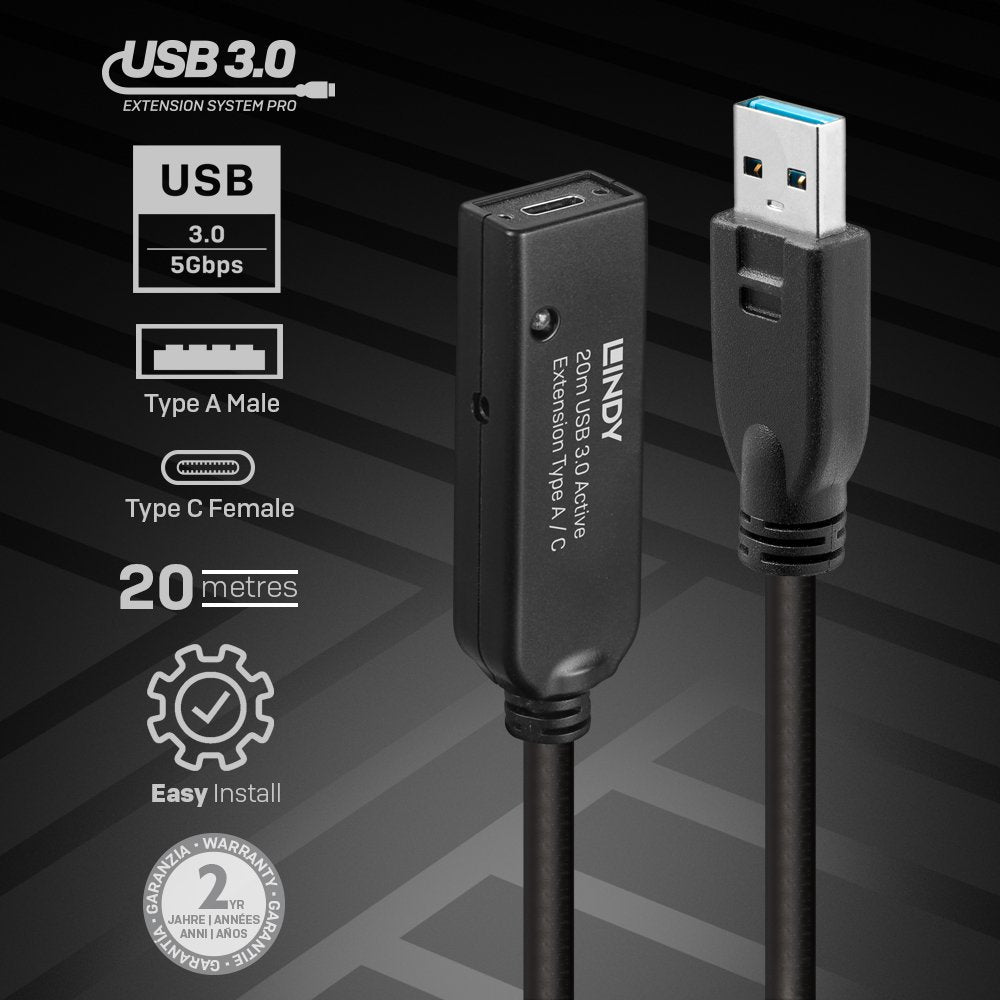 Cable Lindy 43375 Usb 3.2 Gen 1 (3.1 Gen 1) 20 M Usb A Negro