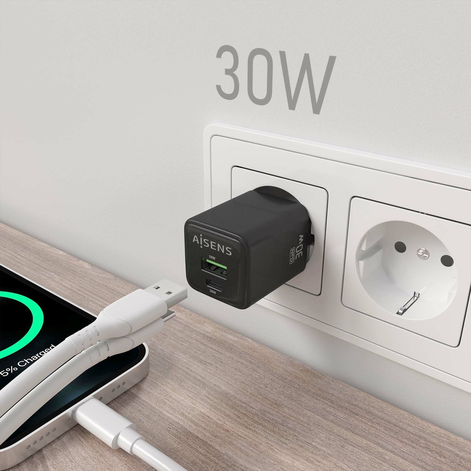 Aisens Cargador Gan 30w, 1xusb-C Pd3.0 Qc4.0, 1xusb-A Qc3.0, Negro