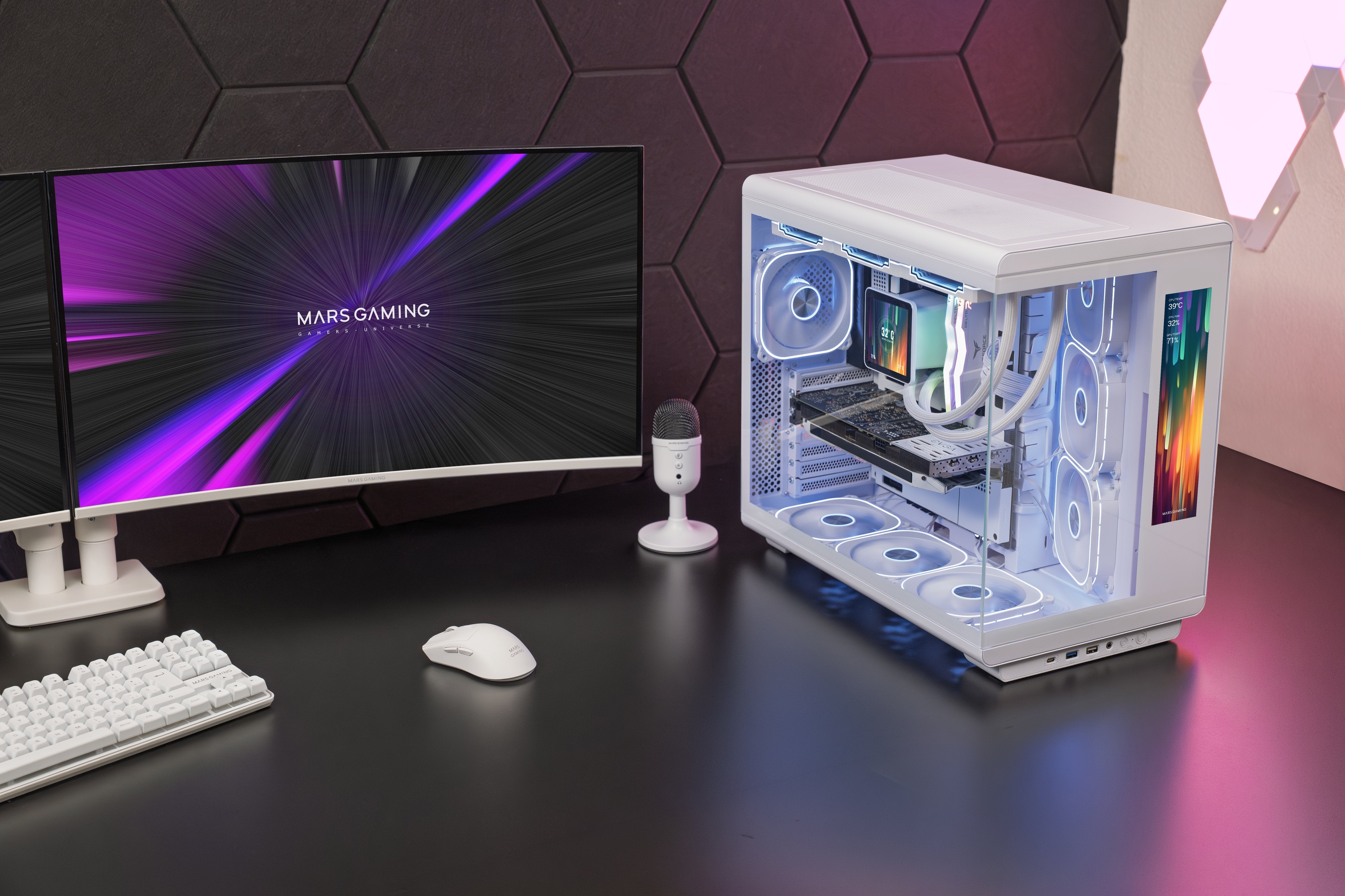 Caja Pc  Atx Mars Gaming Mc-Revmaxw Pantalla Lcd 11.8" Cristal Templado 4x Ventiladores Argb Blanco