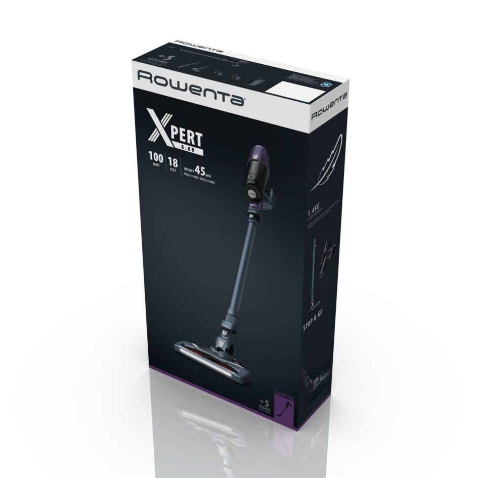 Rowenta X-Pert 6.60 Rh6838wo Aspiradora De Pie Y Escoba Eléctrica Sin Bolsa 0,55 L 100 W Púrpura, Gris, Aspirador Vertical Sin Bolsa, Púrpura, Gris, 0,55 L, Rectangular, China, Secar