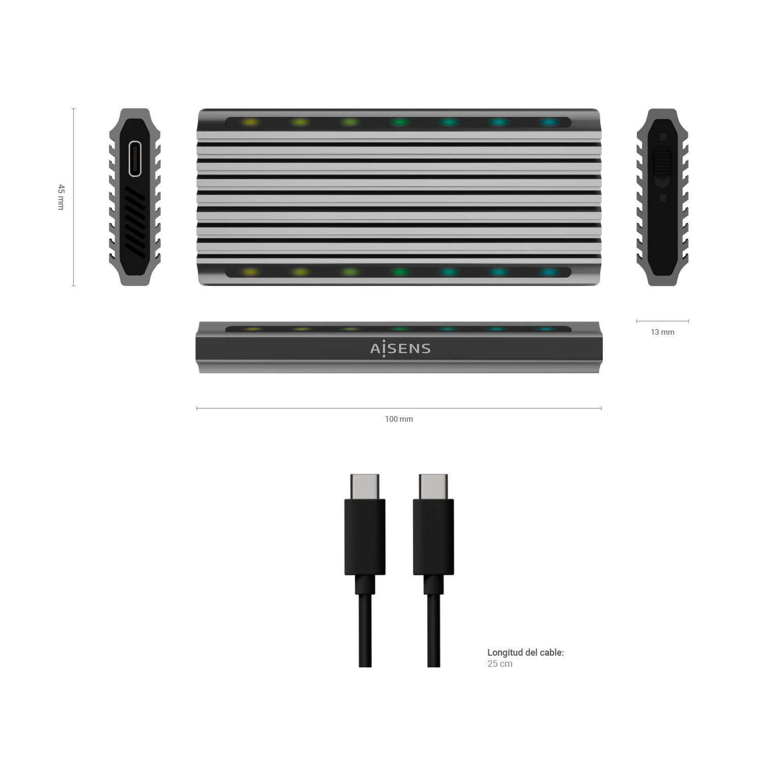 Aisens Caja Externa Para Disco Duro Ssd M.2 Sata Nvme Usb 3.2 Gen2  Sin Tornillos Asm2-Rgb011gr