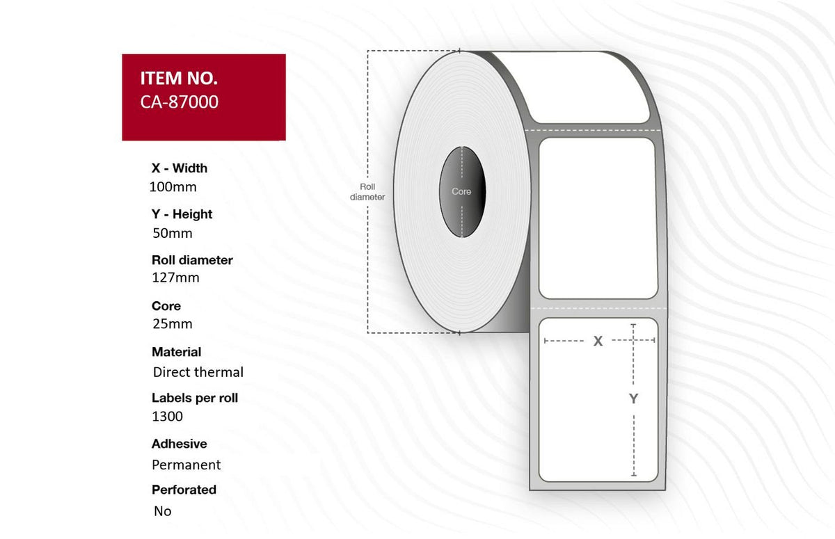 Label 100 X 50mm Core 25mm,  Direct Thermal, Coated,