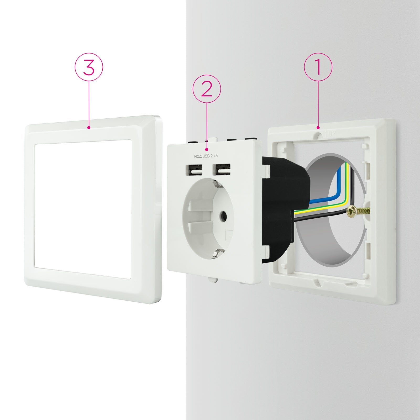 Nanocable Roseta Base De Enchufe De Pared Empotrable Tipo Schuko Con 2 Tomas Usb 2.4a - Blanco