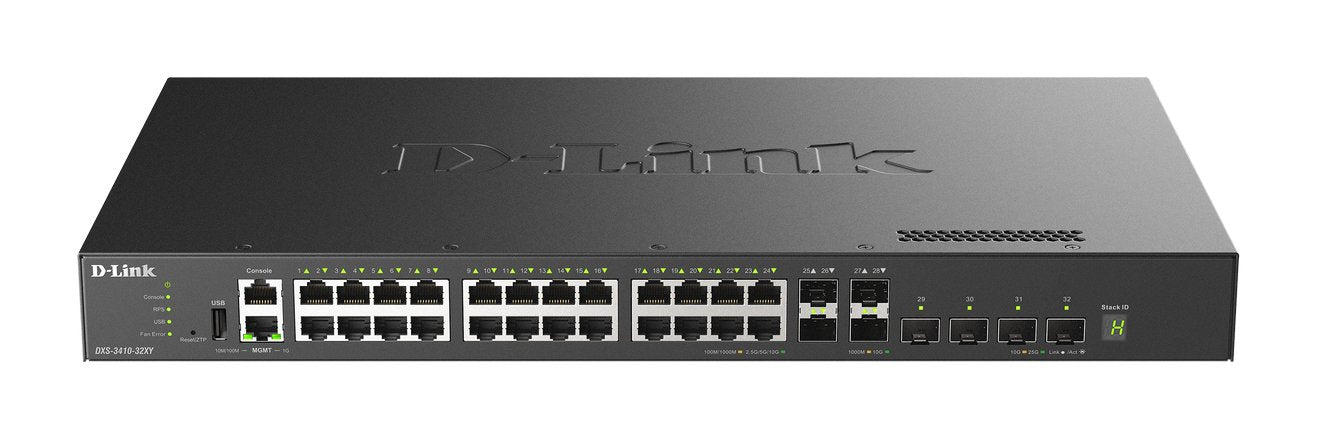 Switch Gestionable L3 D-Link Stackable Dxs-3410-32xy 24x10gbase-T + 4x10g Sfp+ + 4x25g Sfp28 Multi-Gl3 25g