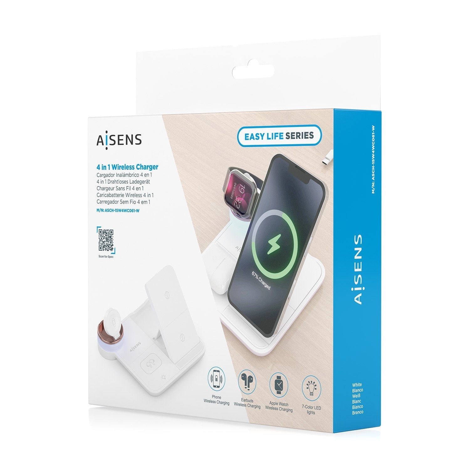 Aisens Cargador Inalambrico Usb-C 4 En 1 De 15w Para Movil, Apple Watch, Auriculares Con Estuche De Carga, Blanco