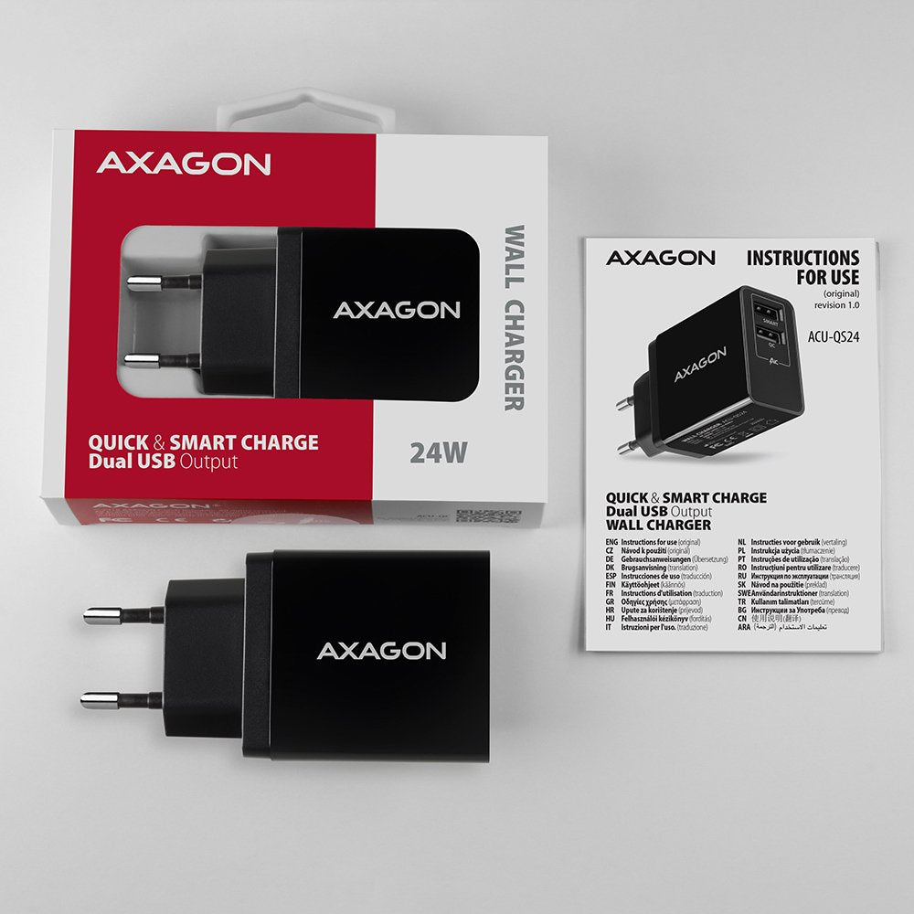 Axagon Acu-Qs24, Cargador De Red RãPido E Inteligente, 2x Puerto Usb Qc3.0 / Afc / Fcp + 5v-1.2a, 24w