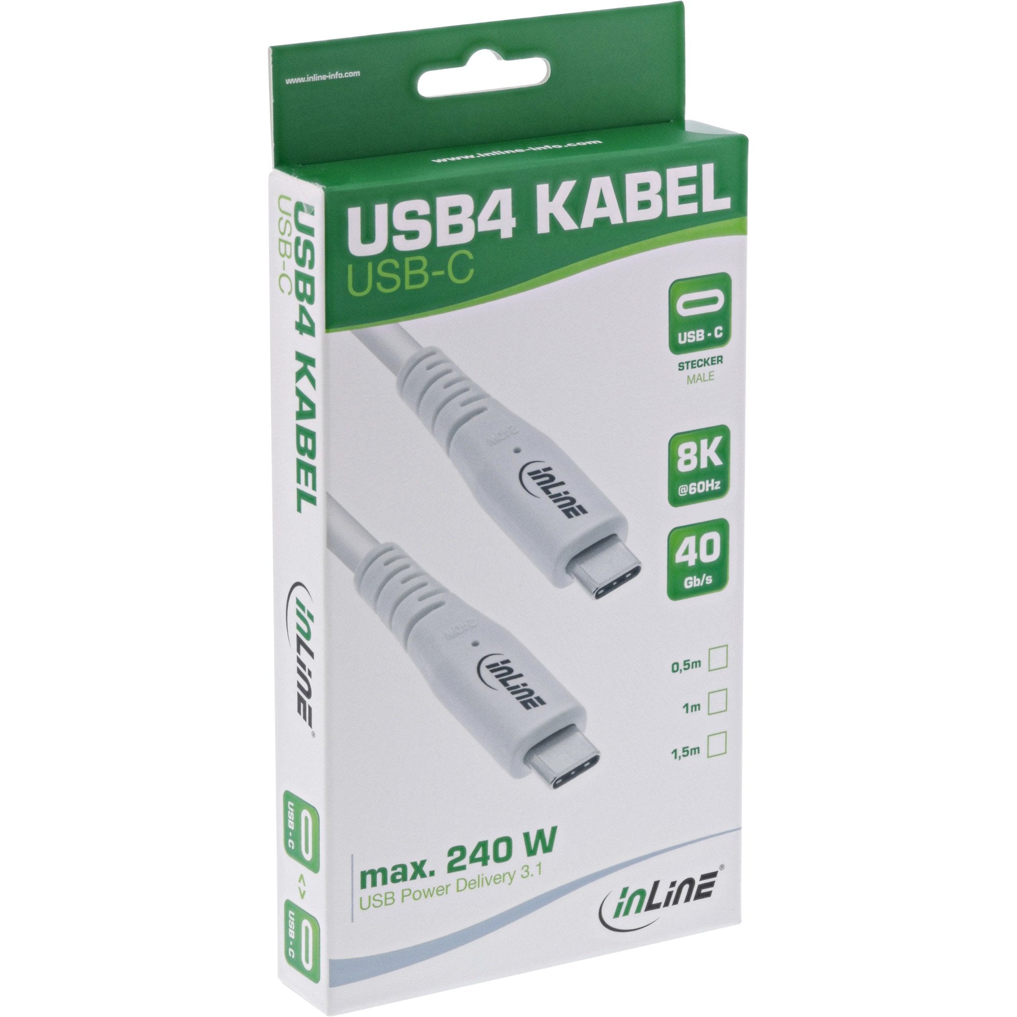 Inline® Usb4 Cable, Usb Type-C Male/Male, Pd 240w, 8k60hz, Tpe White, 2m