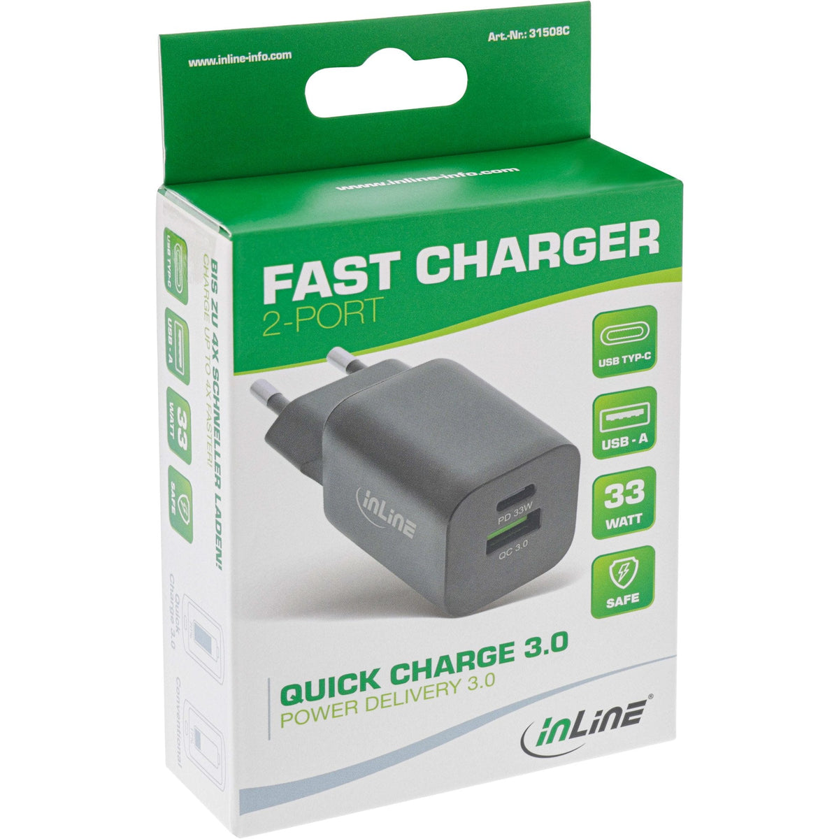Cargador Usb Inline Usb-A + Usb Tipo C, 33 W, Suministro De Energía + Carga Rápida