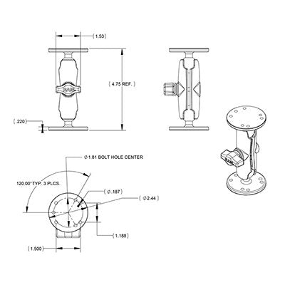 Ram, Unpkd. Ram Mount W/2 Ram-B-202 Bases