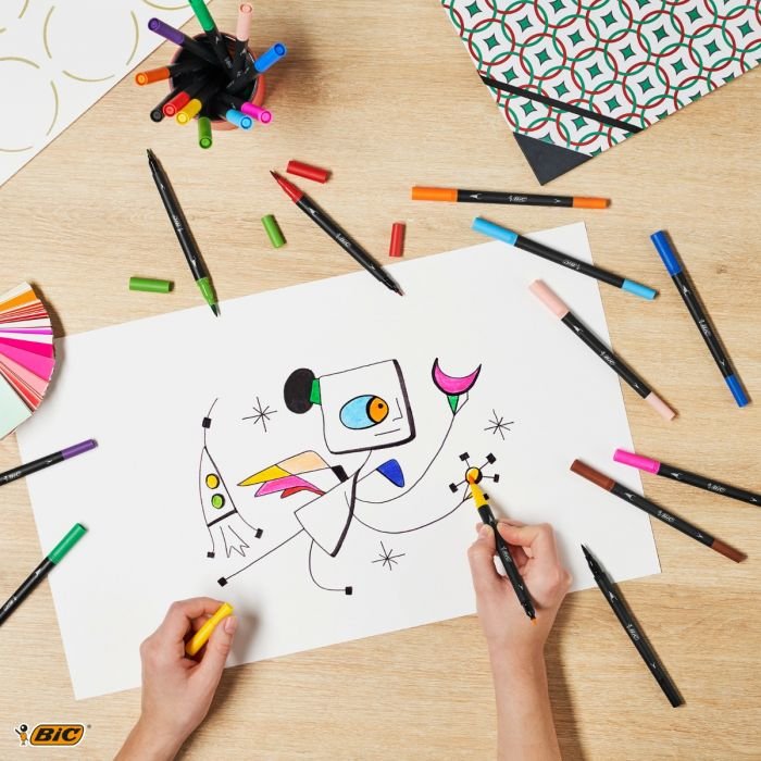 Bic Intensity Dual Tip Pack De 6 Rotuladores Doble Punta - Punta De Pincel + Punta Fina - Tinta Con Base De Agua - Colores Clasicos Surtidos