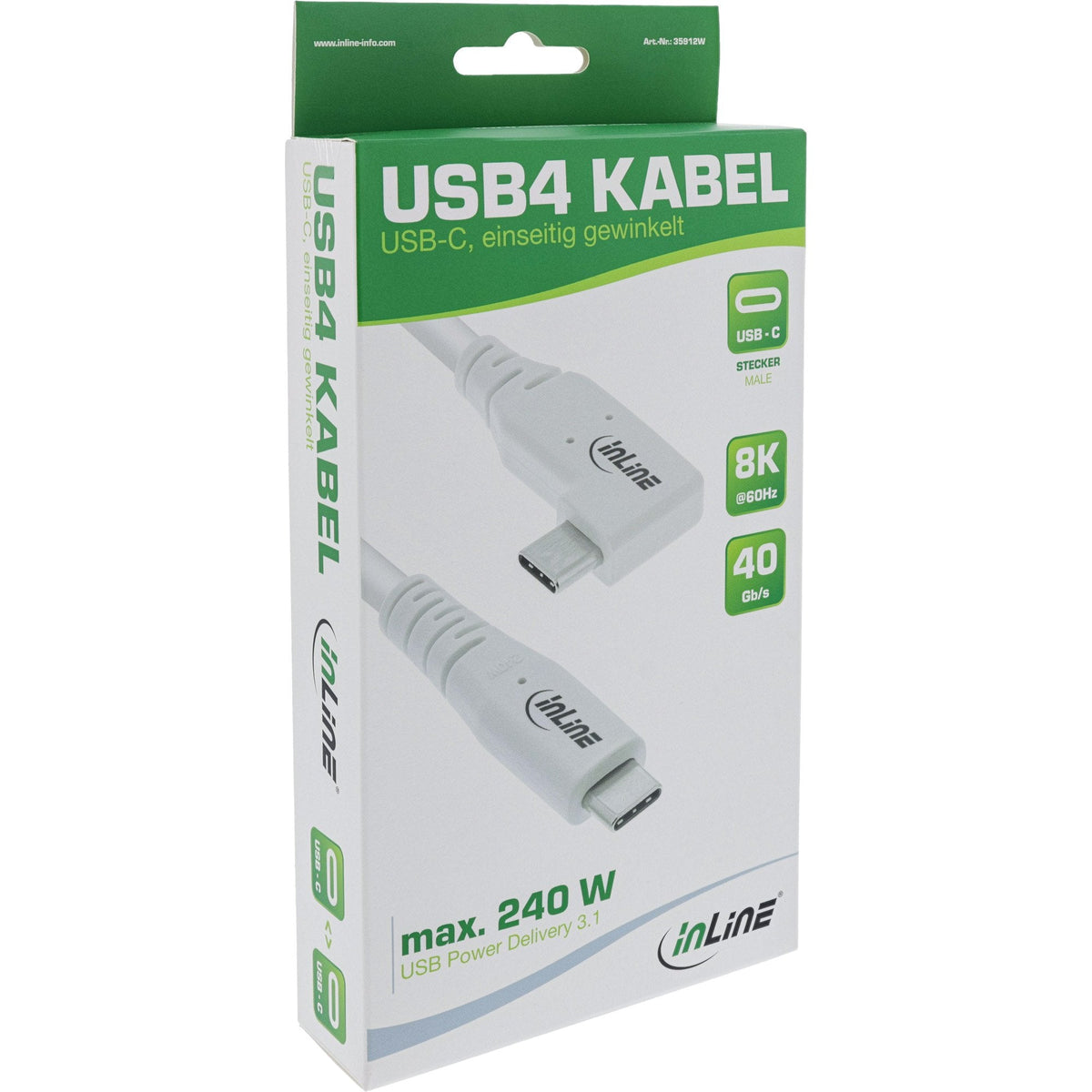Inline Usb4 Cable, Usb Type-C, One Side Angled, Pd 240w, 8k60hz, Tpe White, 2m