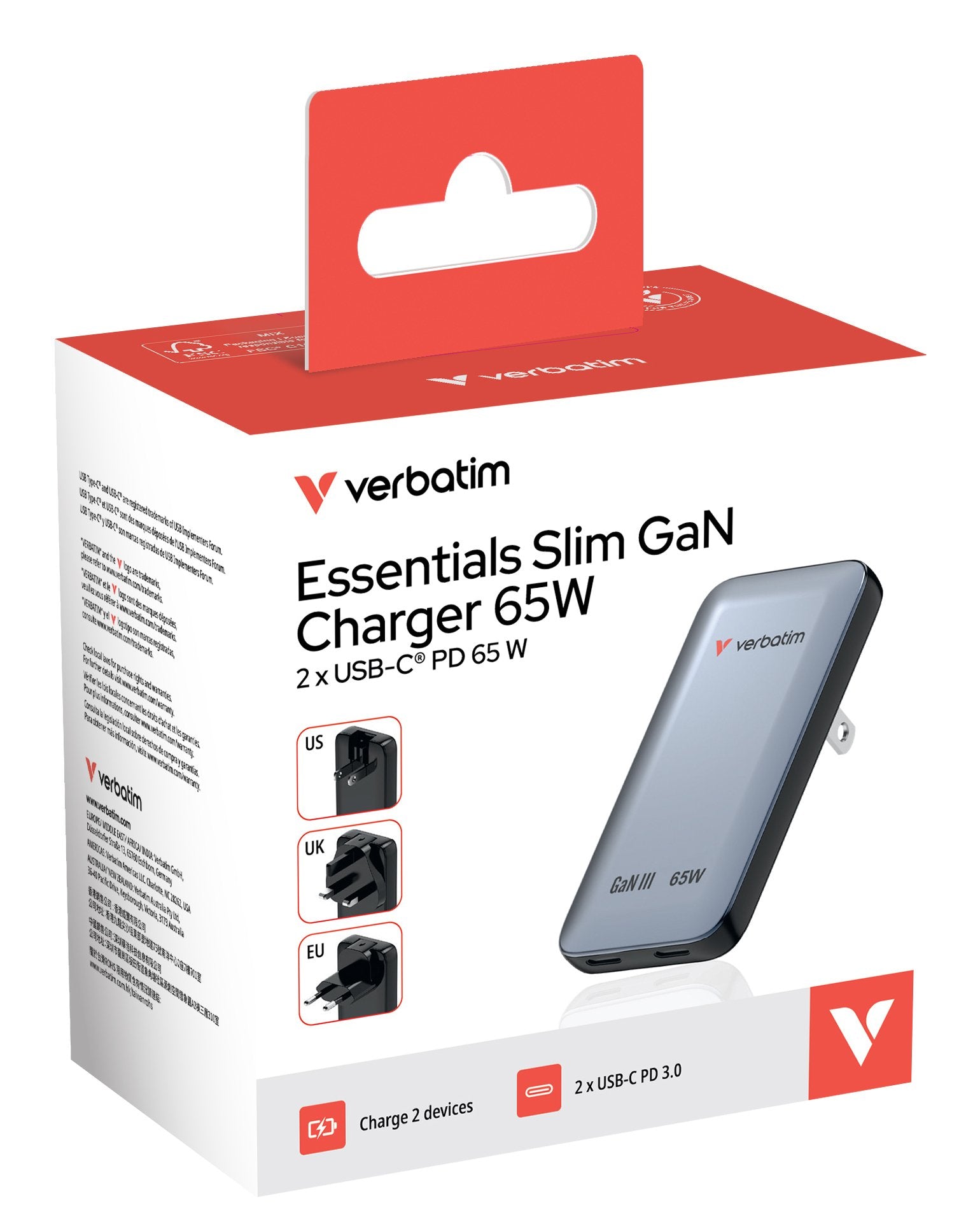Verbatim Slim Gan Charger 2 Port 65w Eu Uk Us Gris