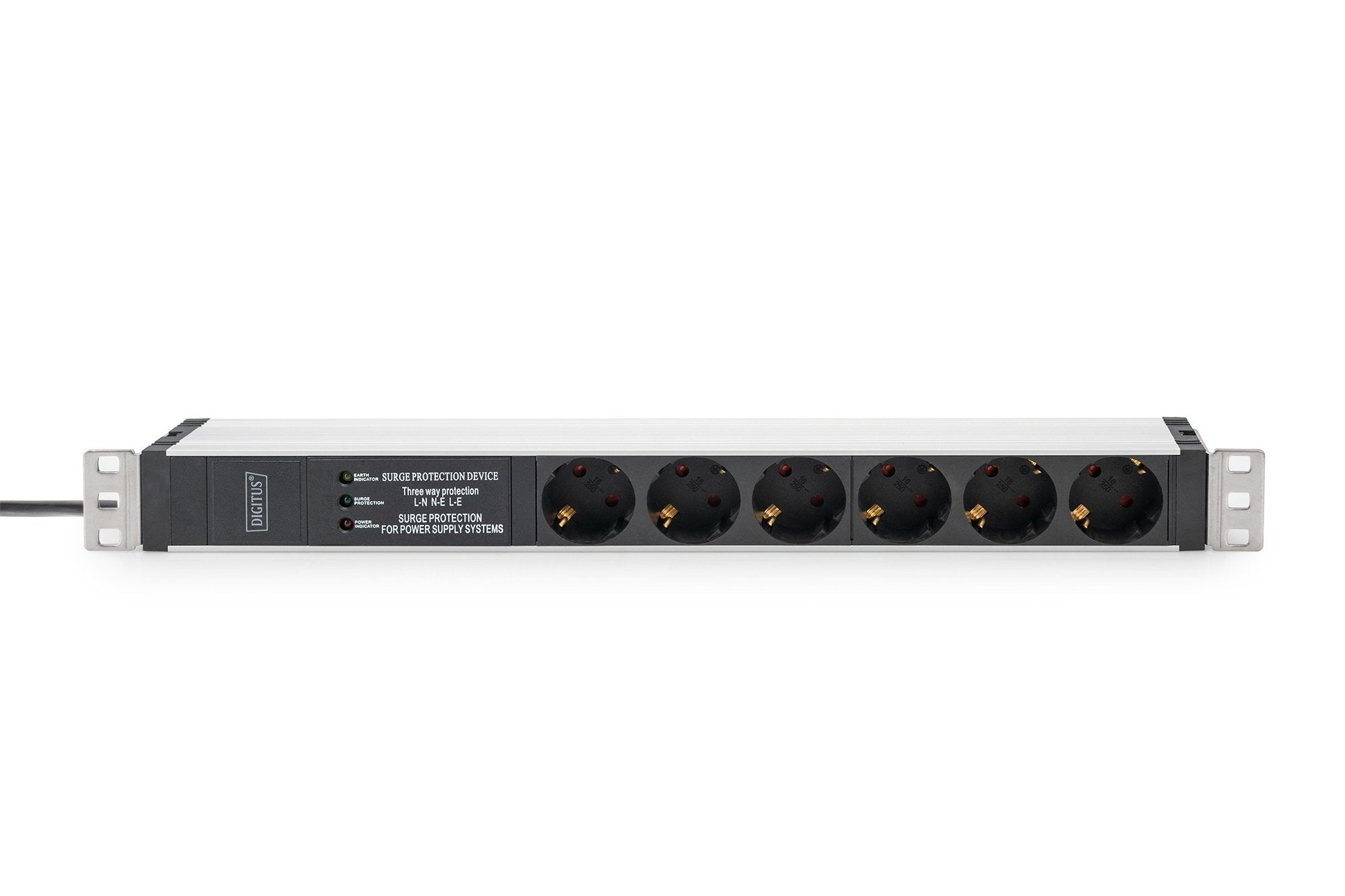 Regleta Aluminio Rack 19"  6 Schuko, Entrada Schuko Cee 7/7 16a 2m 1u Con Proteccion Sobretenciones  Digitus