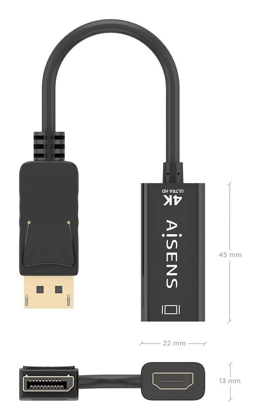 Aisens Conversor Displayport A Hdmi 4k@60hz, Dp/M-Hdmi/M, Negro, 15cm
