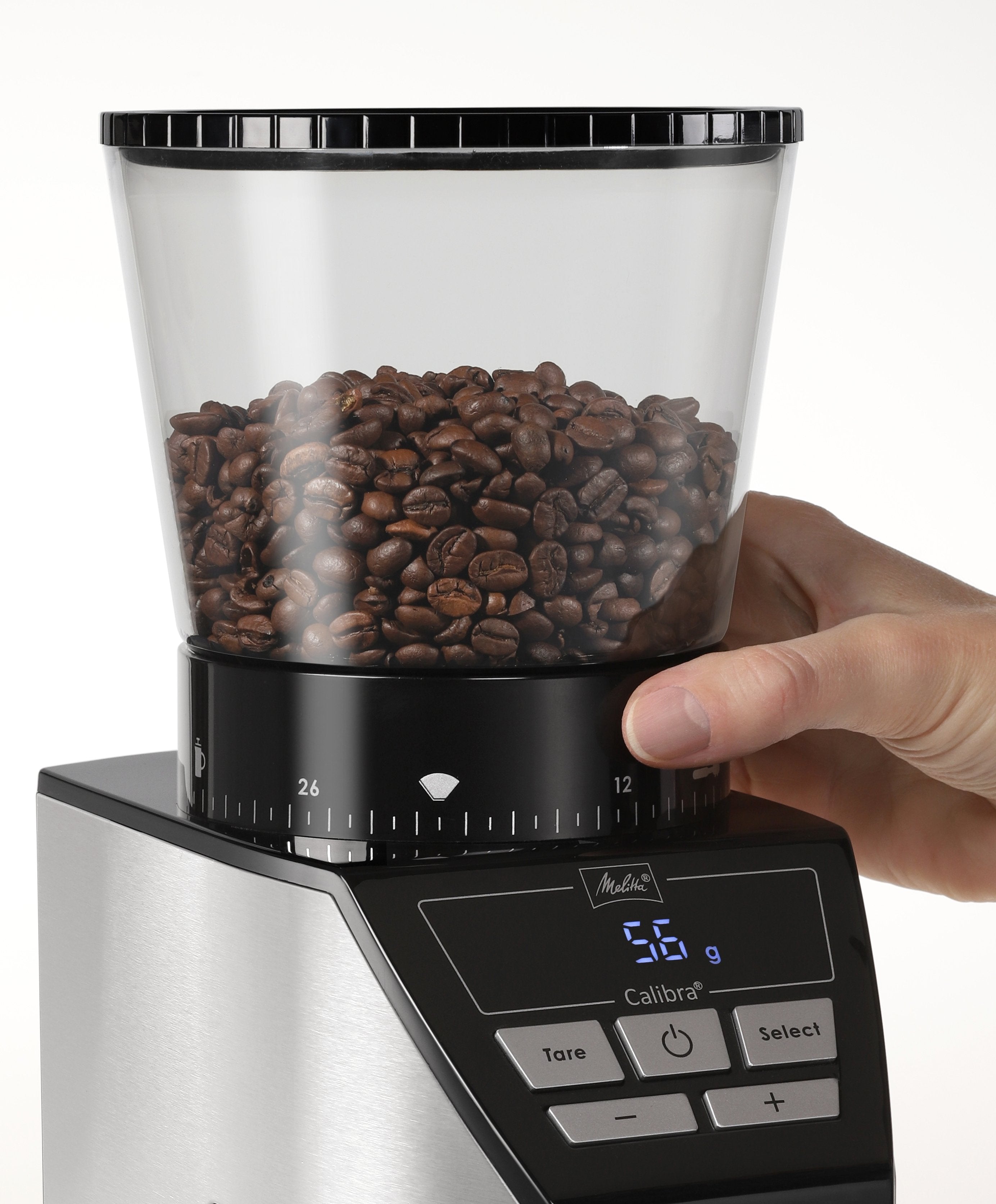 Molinillo De Café Melitta Calibra 1027-01  Eléctrico Cónico Con 39 Ajustes De Molienda, Apto Para Distintas Cafeteras, Moledor De Café Con Báscula Digital Y Pantalla Lcd, 200?G, Negro