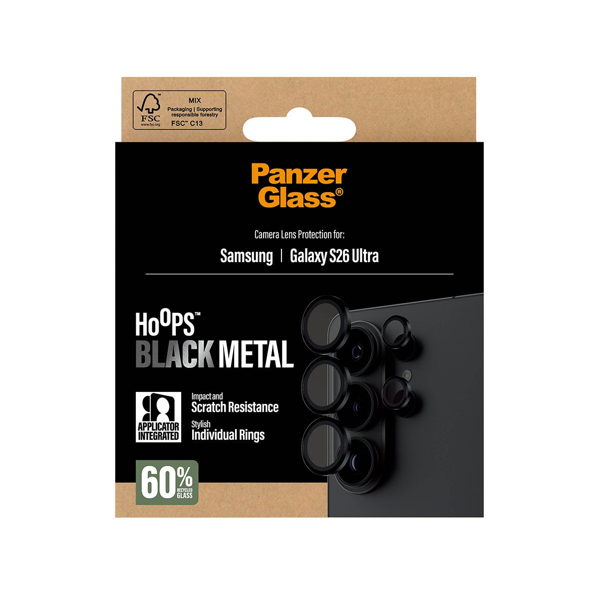 Panzerglass ® Hoops® Kameraschutz Negro Samsung Galaxy S26 Ultra, Samsung, Samsung - Galaxy S26 Ultra, Trockene Aplicación, Resistente A Arañazos, Resistente A Golpes, Negro, 1 Ud.