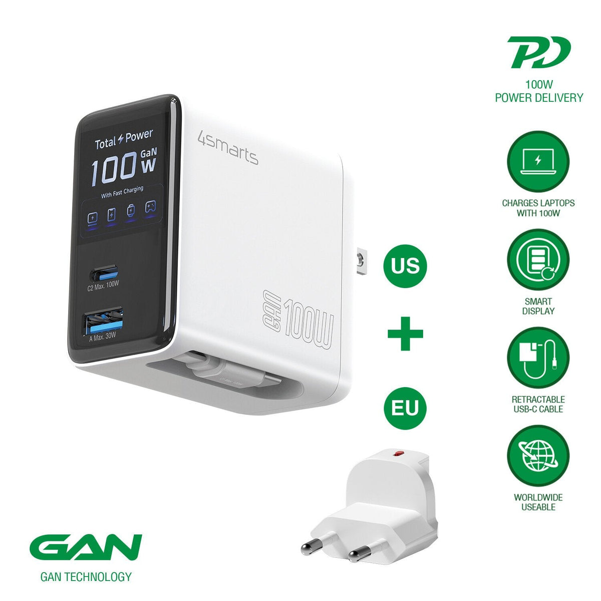 4smarts Ladegerät Gan Flex Screen Ai 100w 2 Usb-C+1 Usb-A, Blanco
