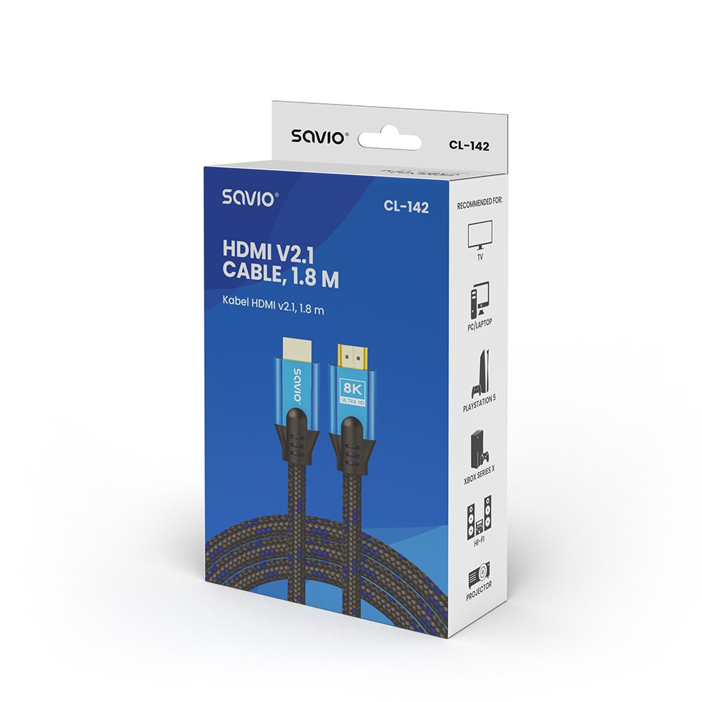 Kabel Hdmi (M) V2.1, 1,8m, 8k, Miedz, Niebiesko-Czarny, Zlote Koncówki, Ethernet/3d, Cl-142