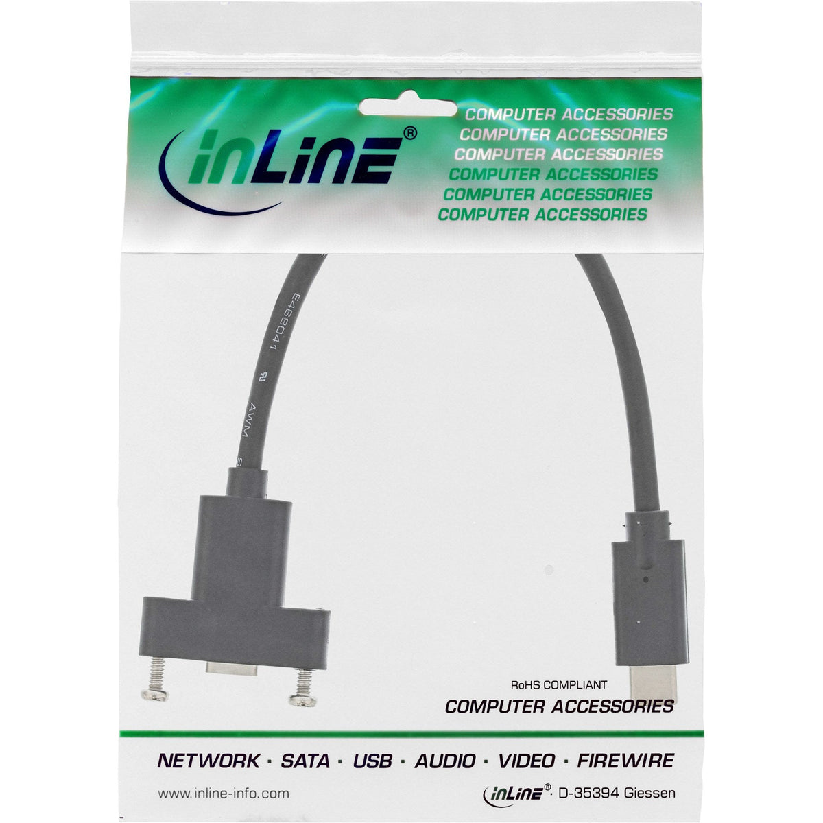 Inline® Usb 3.2 Gen.2 C Macho / Hembra With Flange Cable, Negro, 0.20m