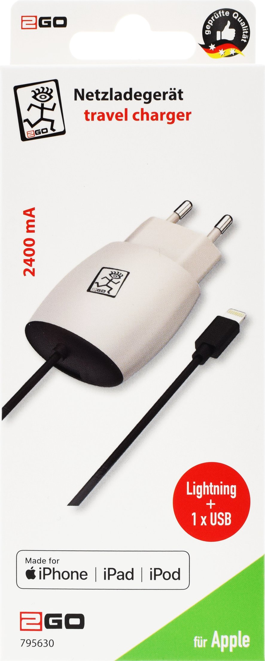 Cargador De Red 2go Para Iphone Y Ipad Con Enchufe Lightning Negro