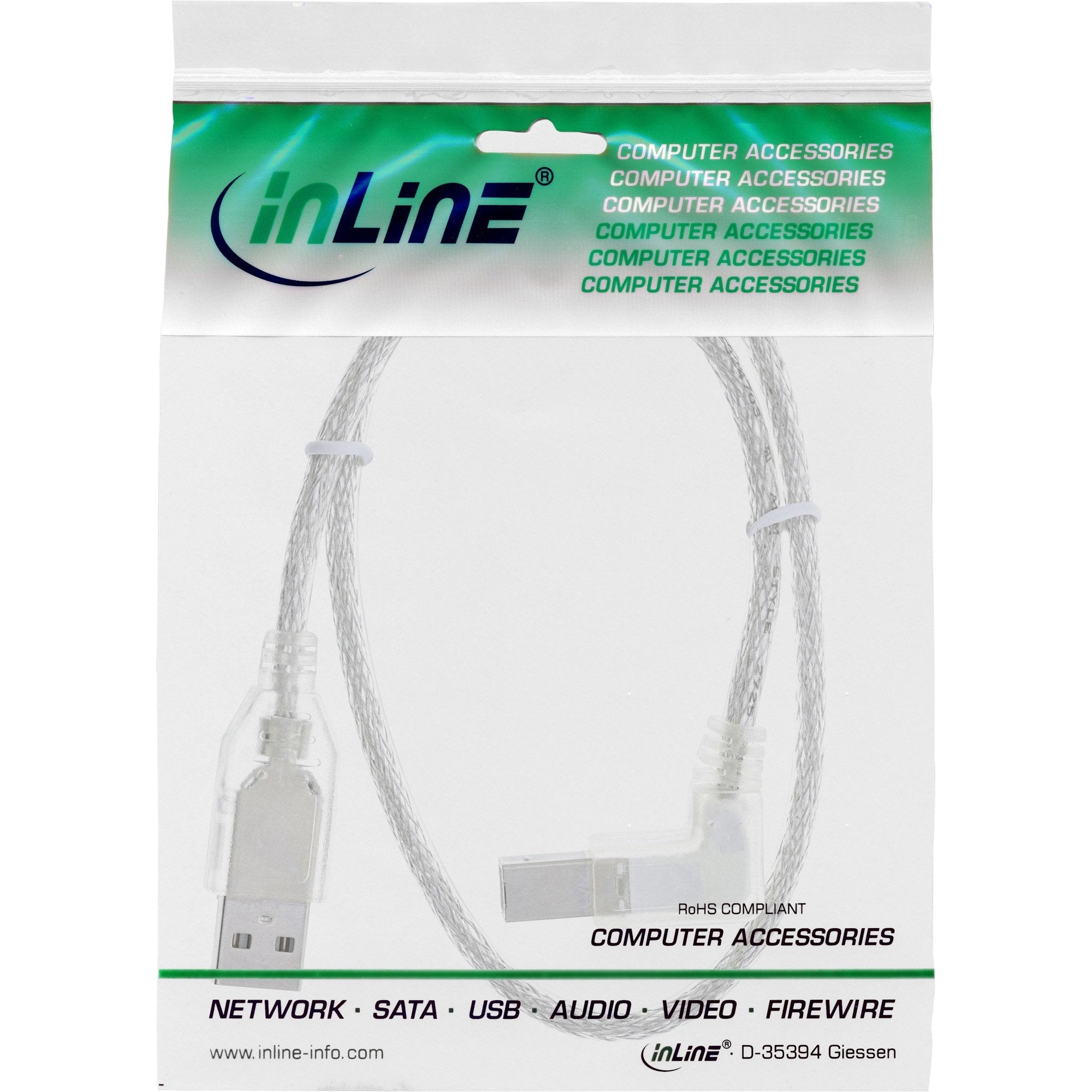Inline Usb 2.0 Cable En Ángulo Recto Tipo A Macho A B Macho Transparente 0,5 M