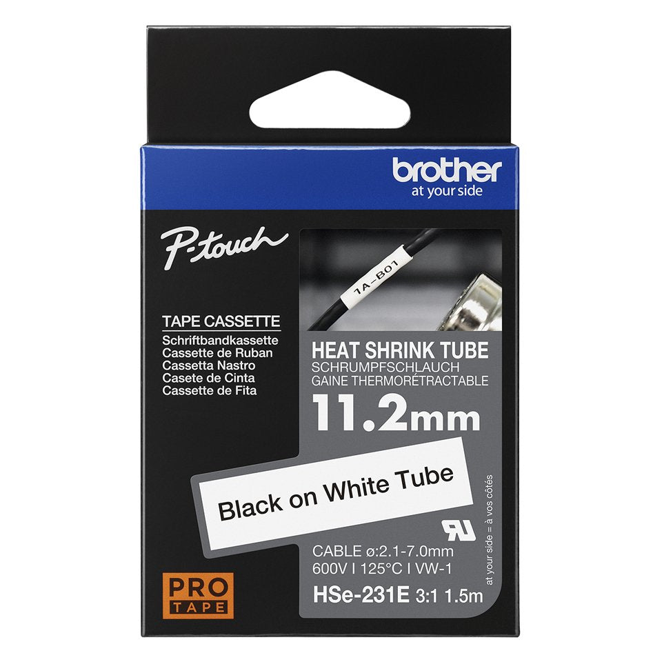Brother Hse231e Cinta Tubo Termorretractil Original De Etiquetas Para Cables - Texto Negro Sobre Fondo Blanco - Ancho 11.2mm X 1.5 Metros - Cable Recomendado Ø 2.1mm A 7.0mm
