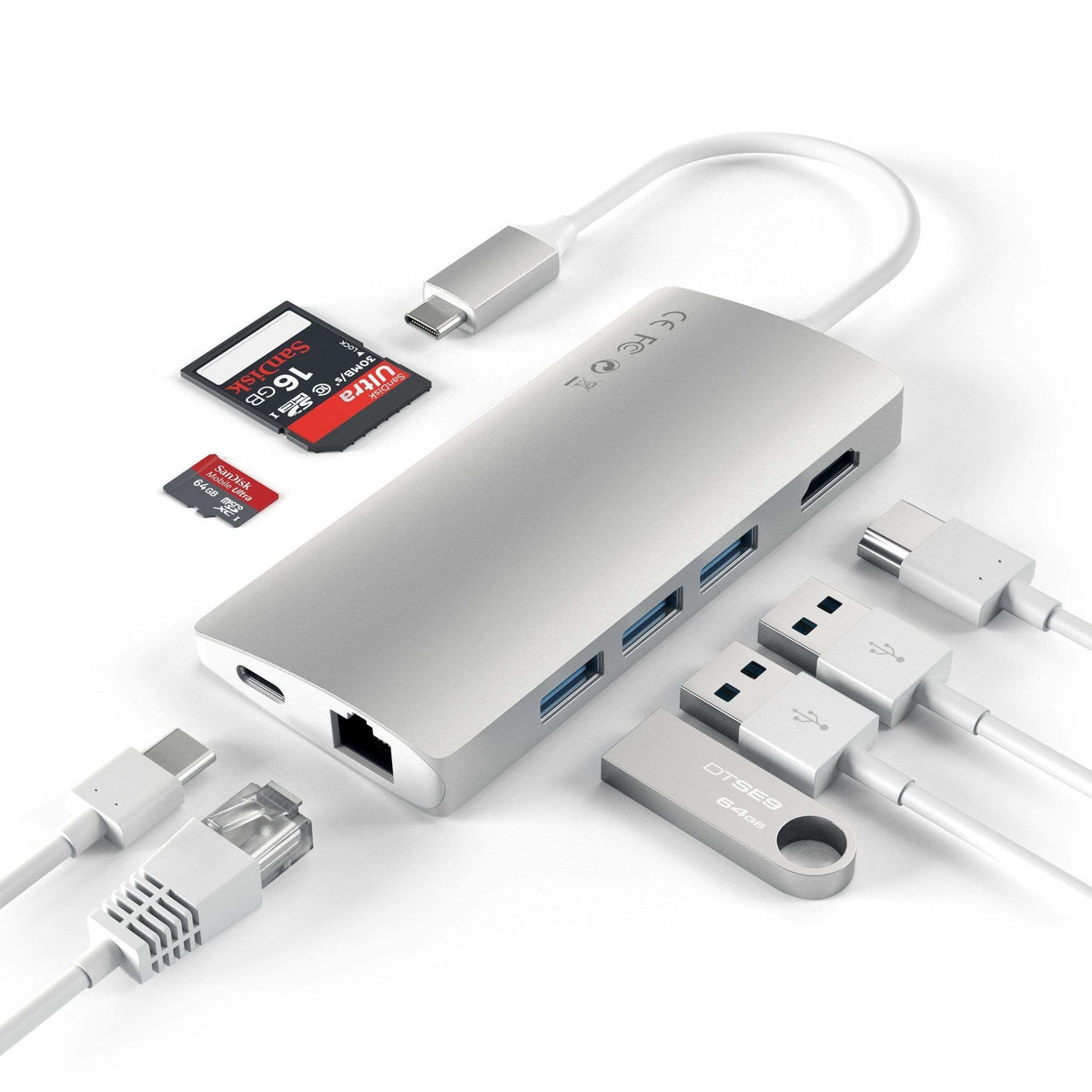 Satechi Aluminium Adapter V2 Usb-C (Usb-C, 3x Usb-A, 4k Hdmi, Czytnik Kart Micro/Sd, Ethernet) (Srebrny)