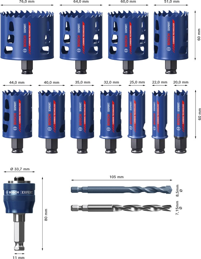 Bosch Juego De Coronas Perforadoras Expert "Toughmaterial", Ø 20-76 Mm, 14 Piezas 2608900447