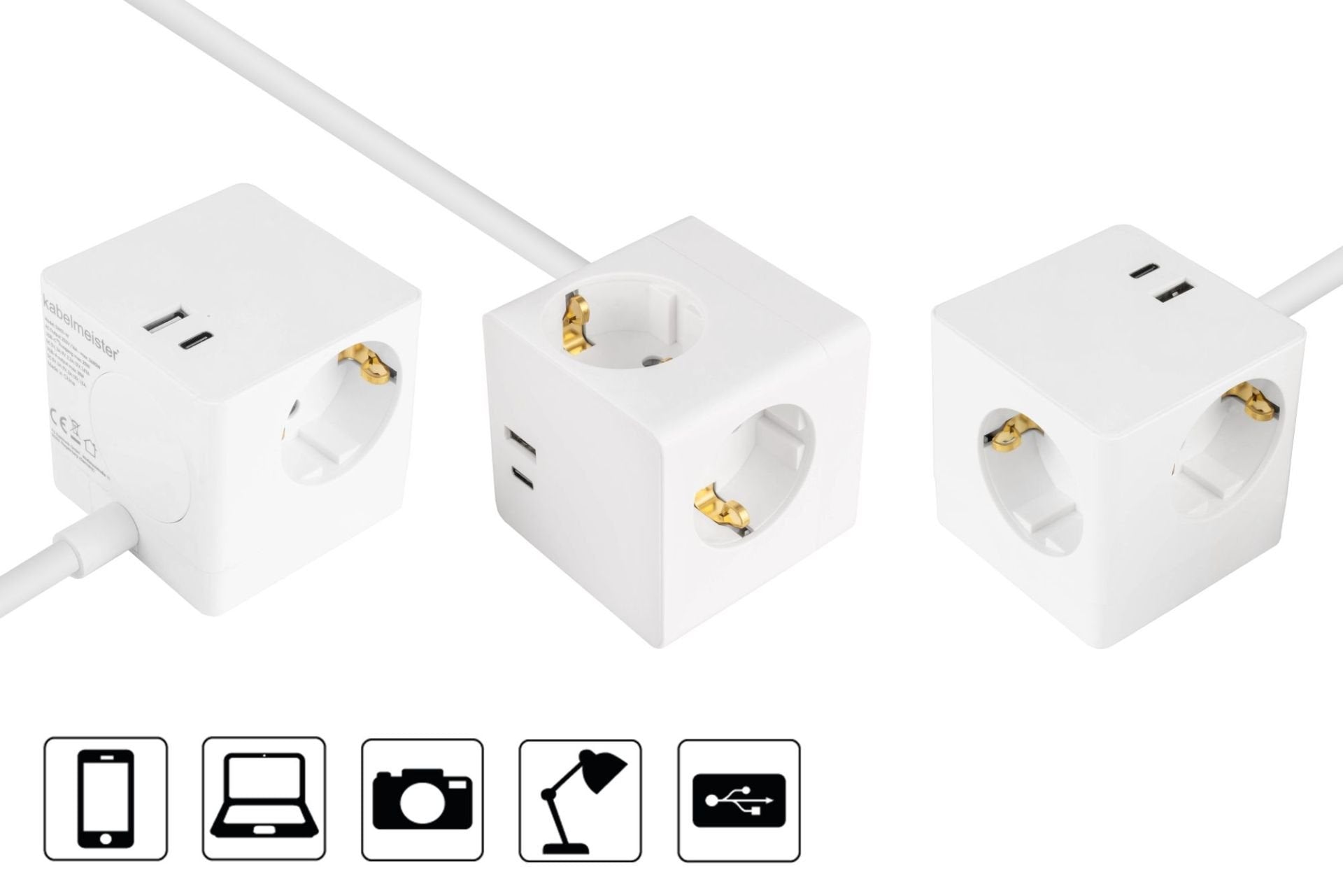 Cablemeister Steckdosenwürfel Mit 5m Zuleitung 3x Schuko  1x Usb-C 20w Pd 3.0  Usb-A 18w Weiss