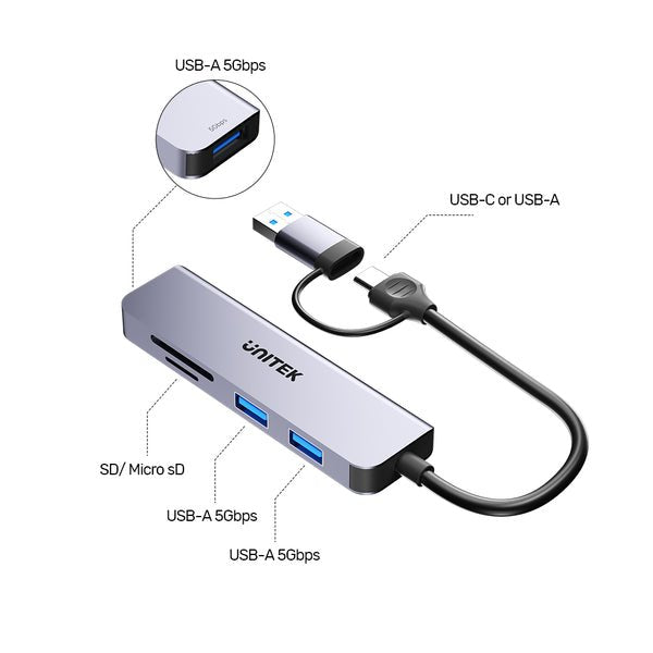 Unitek Hub 5w1 Usb-A/C 5 Gbps Z Czytnikiem Kart Sd I Micro Sd