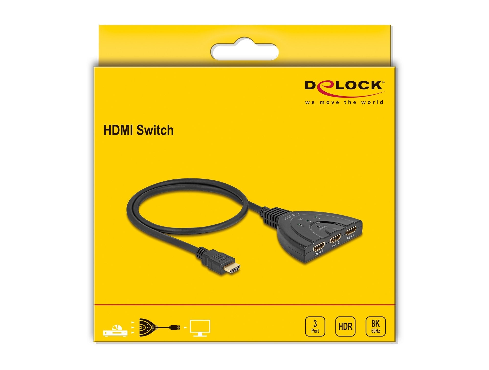 Delock 18649 Switch Hdmi 3 X Entrada Hdmi A 1 X Salida Hdmi 8k 60 Hz Con Cable Integrado De 60 Cm