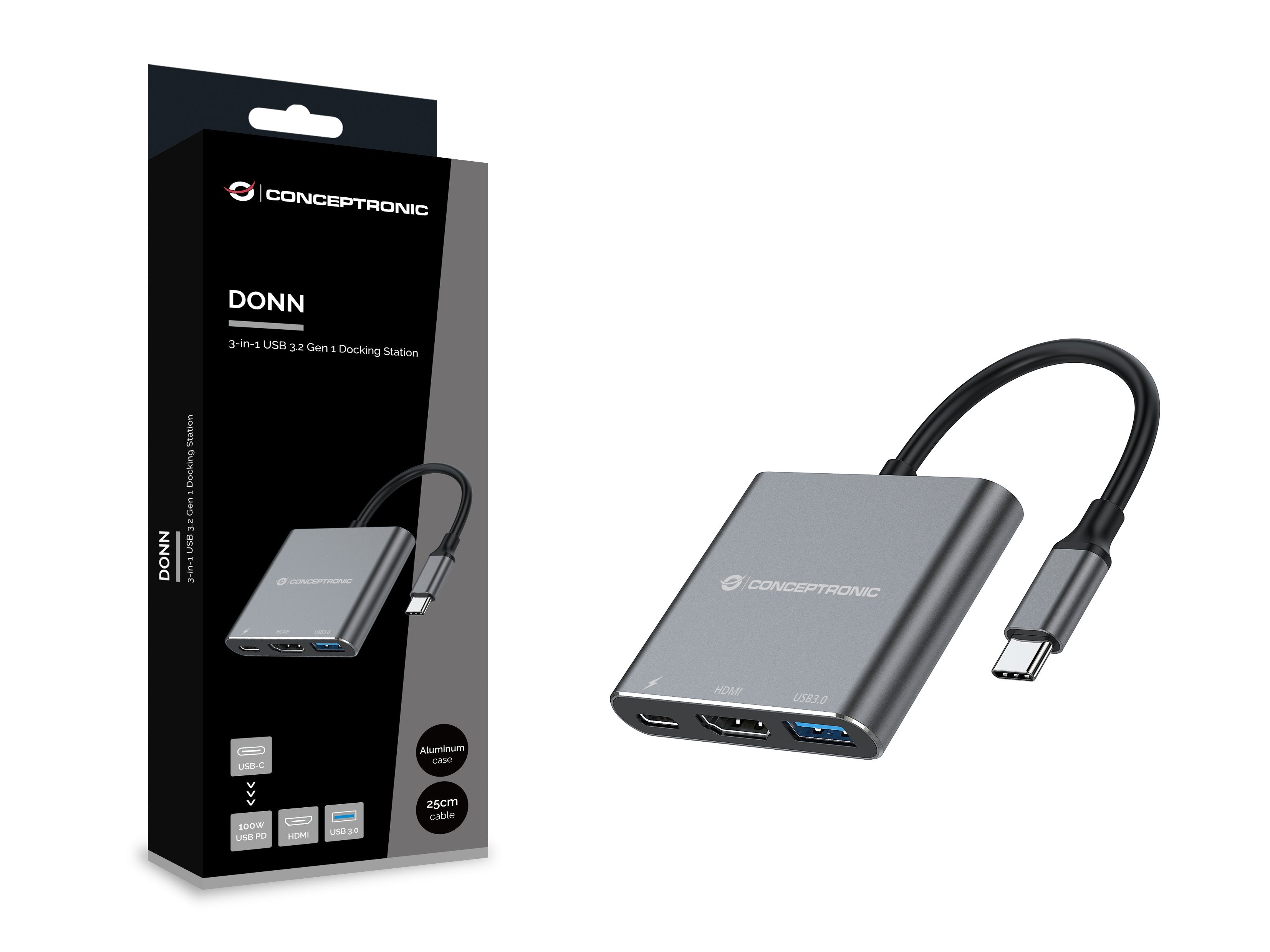Adaptador Usb-C 3en1 Conceptronic Donn018 Hdmi   Usb -A 3.0 Usb-C  Pd 100w                                                                                                                                                                     A