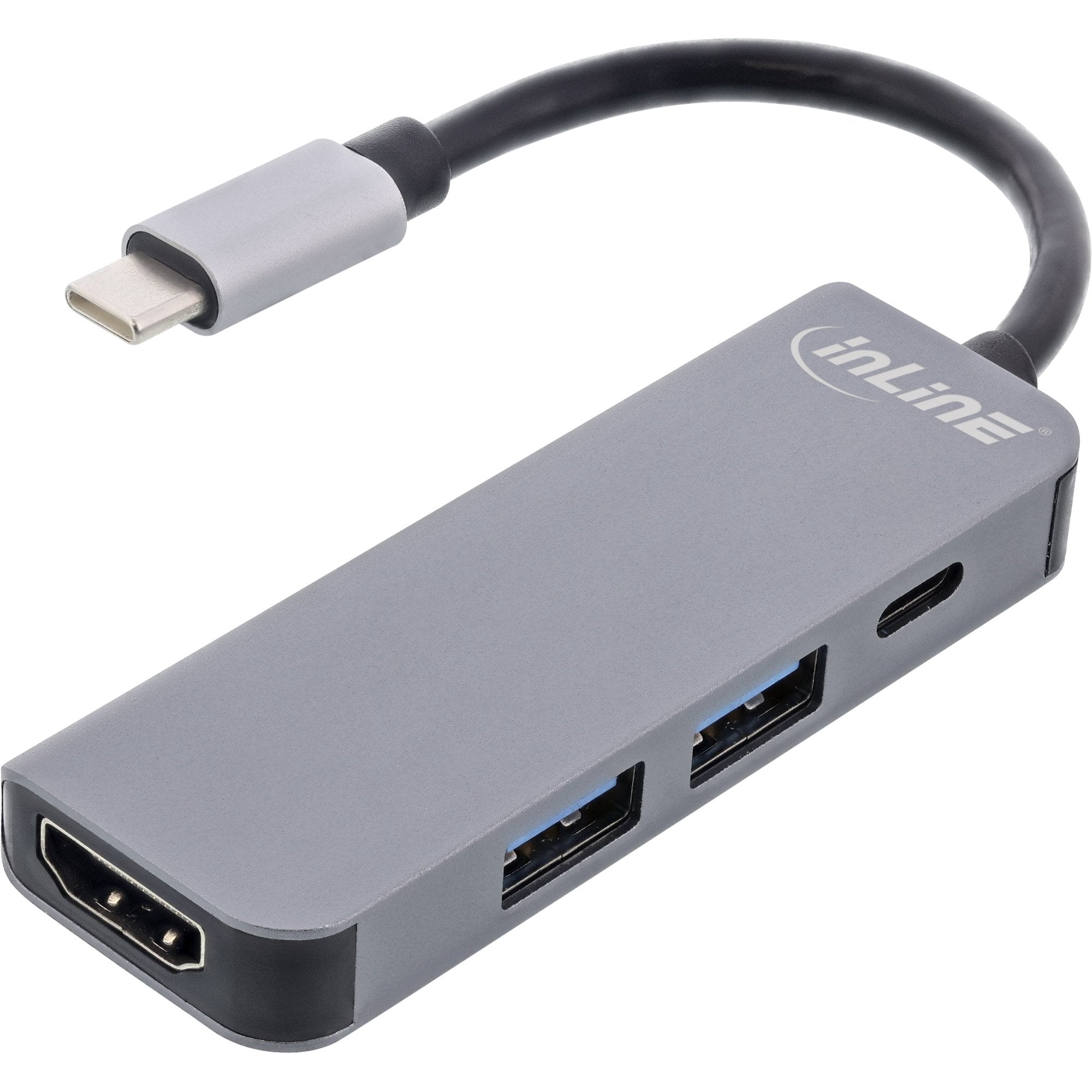 Hub Inline Usb 3.2 Gen.1, 2x Usb-A 5gbps + Hdmi 4k/30hz + Usb Type-C Pd 87w, Aluminio, Gris