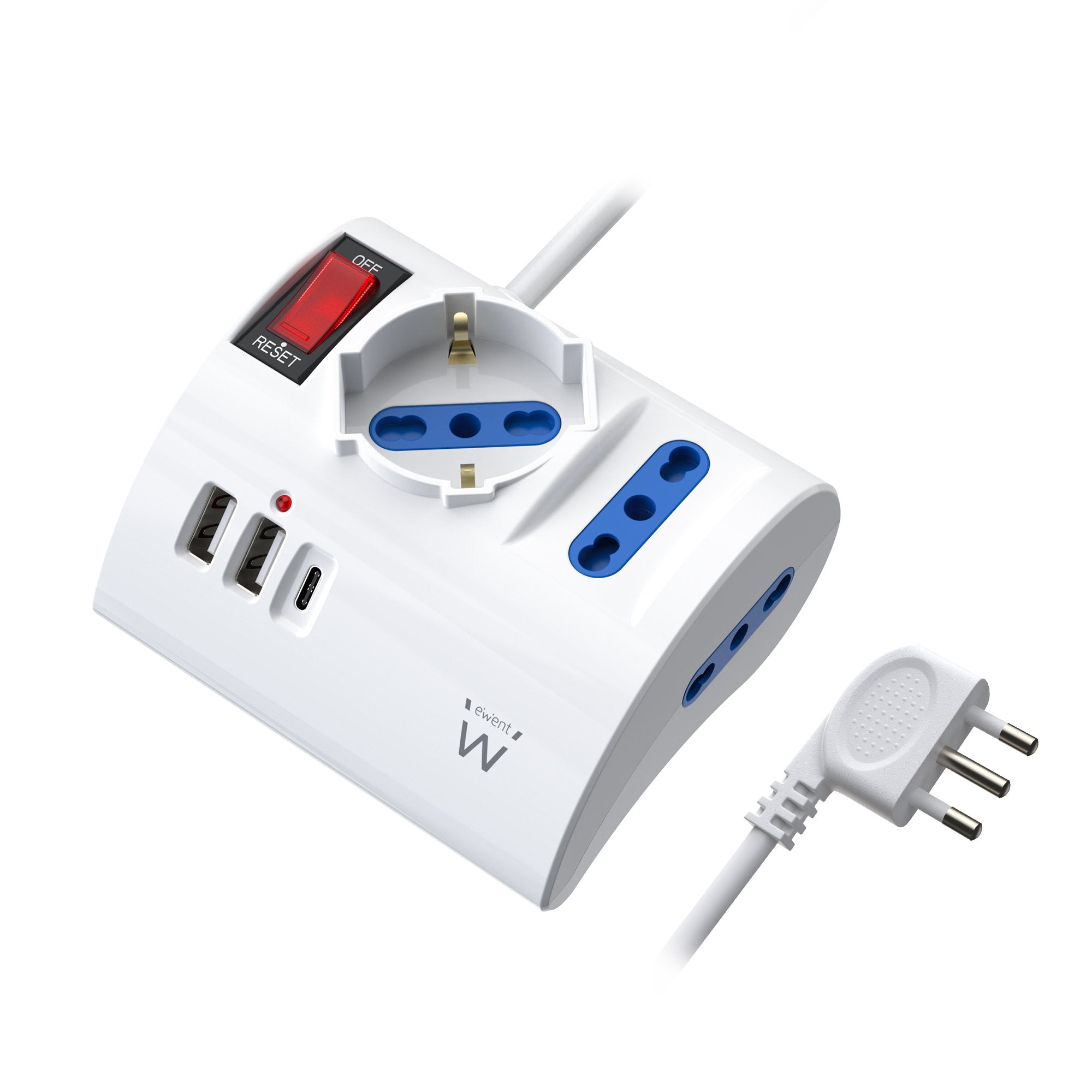 Ewent Regleta Con 6 Tomas De Sobremesa - 2 Tomas L + 1 Toma L/F (Schuko) - 2x Usb-A - 1x Usb-C - Enchufe Italiano Plano