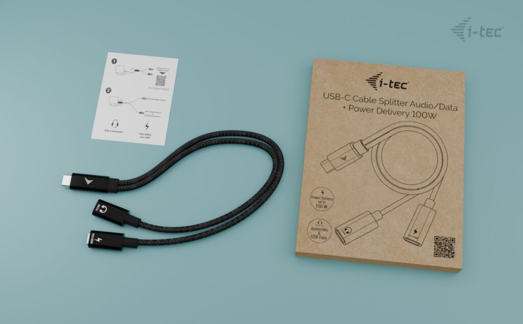 I-Tec Usb-C Cable Splitter Audio Data 1x Usb-C Pd Input 100w 1x Usb-C 2.0 For Audio Mic Or Data 480mbps Power Delivery 100w