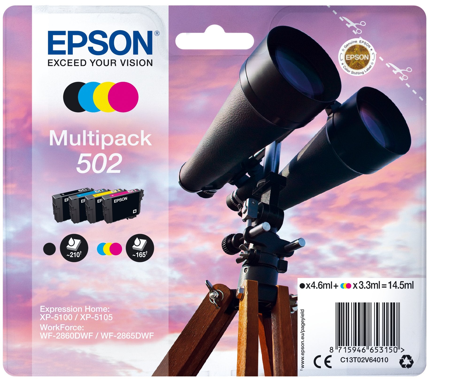 EAN 8715946653150 - Epson 502 cartucho de tinta 1 pieza(s) Original Rendimiento estándar Negro, Cian, Magenta, Amarillo imagen 1