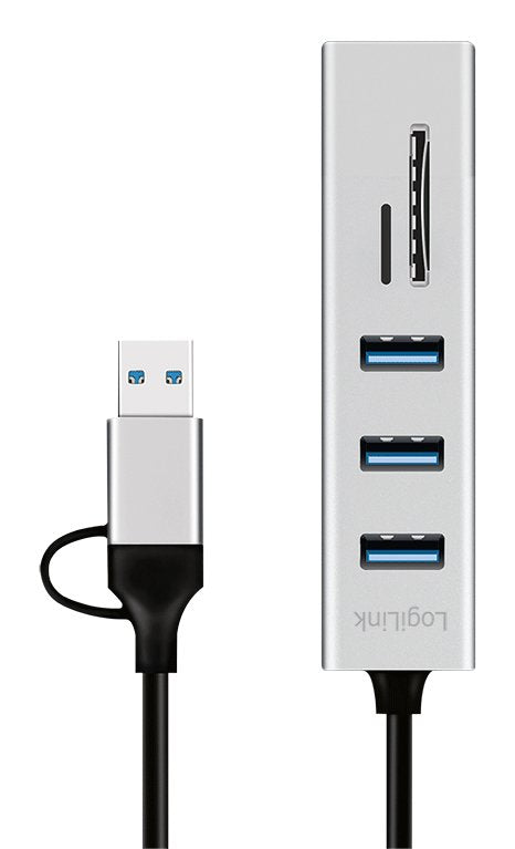 Hub Usb 3.0, 3 Puertos Usb-A, Ranura Sd/Microsd, Cable De Conexión 2 En 1, 5 Gbit/S, Plateado